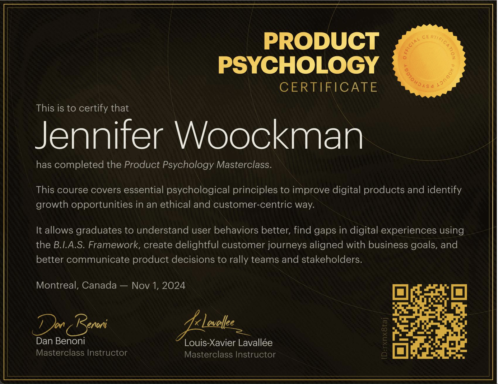 Product Psychology Masterclass certificate