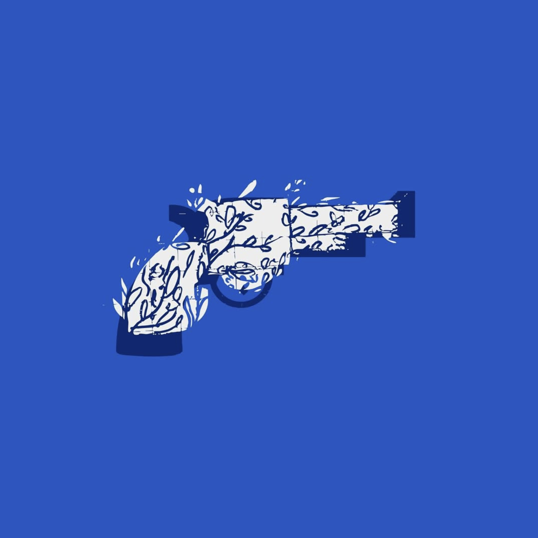 Blue and cream illustration of a revolver filled with sprouting leaves and vines