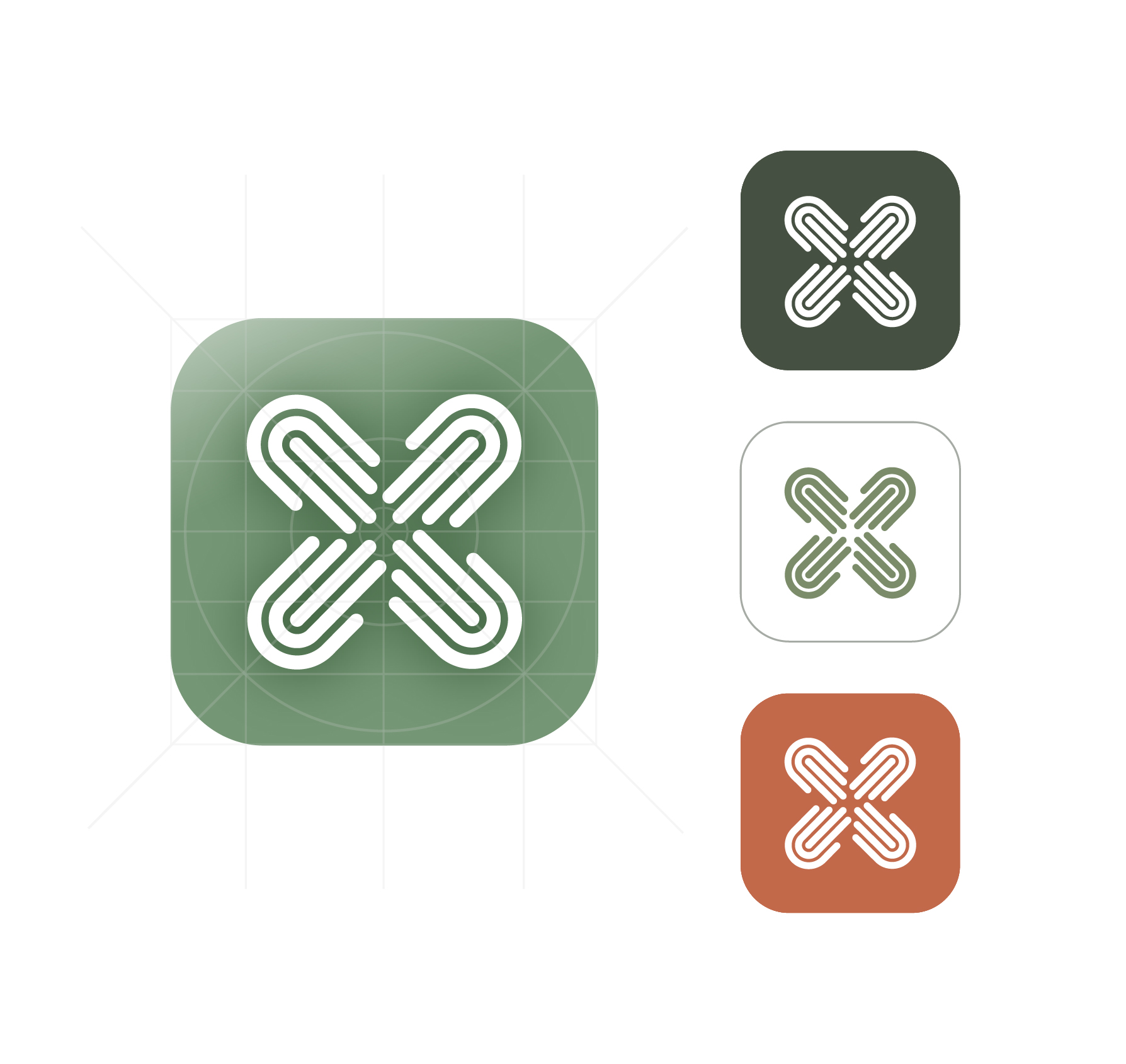CareSwap icon construction grid beside forest, cream, and terracotta icon variants