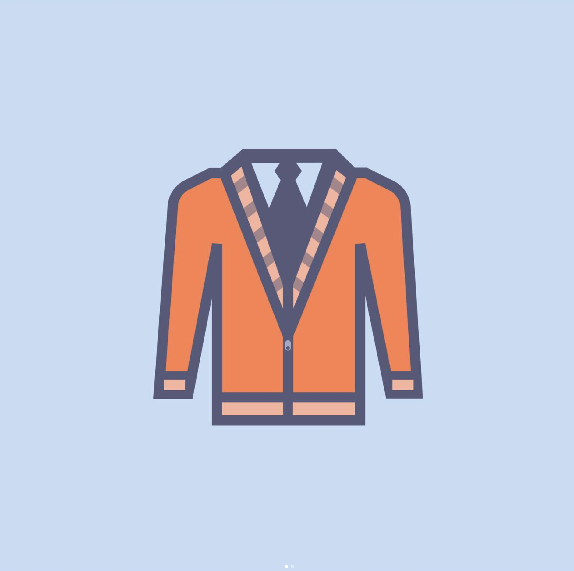 Flat illustration of an orange cardigan over a shirt and tie on pale blue