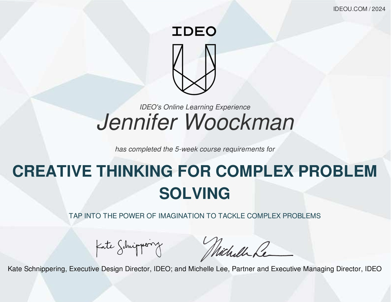 IDEO U certificate for Creative Thinking for Complex Problem Solving