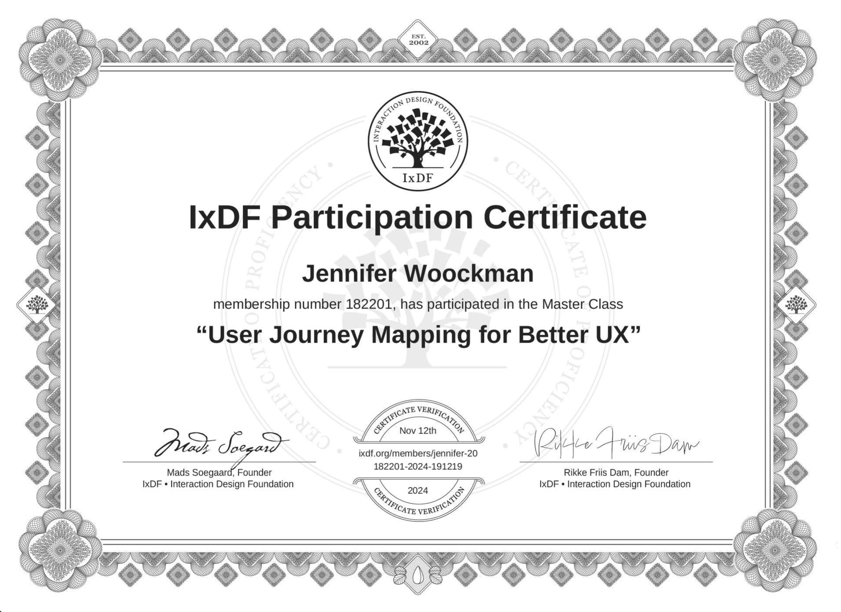 IxDF participation certificate for User Journey Mapping for Better UX